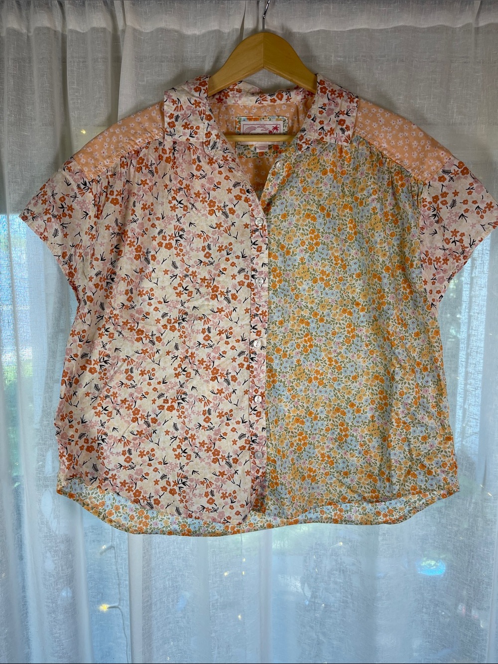 American Eagle Outfitters Peach Floral Patchwork Button-Up Blouse